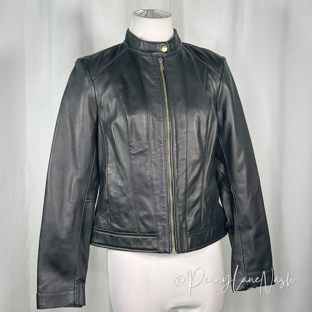 Cole Haan Zip-Front Lamb Leather Racer Jacket S Black - Picture 3 of 13